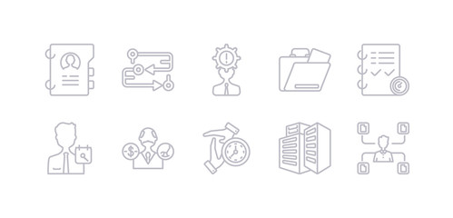 simple gray 10 vector icons set such as multitask, office building, out of time, pension, person, planning, portfolio. editable vector icon pack
