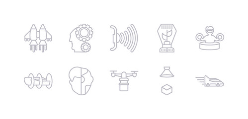 simple gray 10 vector icons set such as high speed tube, hologram, hover transport, humanoid, hyperloop, immersive, incubator. editable vector icon pack