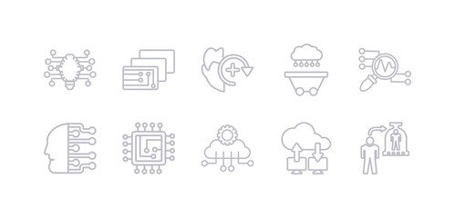 simple gray 10 vector icons set such as cloning, cloud computing, cloud intelligence, cpu, cyborg, data analysis, data mining. editable vector icon pack