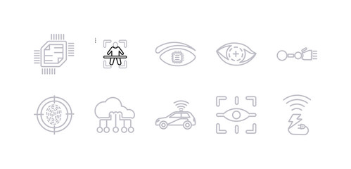 simple gray 10 vector icons set such as wireless charging, augmented reality, autonomous car, big data, biometrics, bionic arm, bionic contact lens. editable vector icon pack