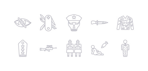simple gray 10 vector icons set such as conscription, civilian, terracotta, sniper rifle, shoulder strap, camouflage military clothing, combat knife. editable vector icon pack
