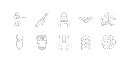 simple gray 10 vector icons set such as chamber, chevrons, condecoration, depth charge, dog tag, explosion, fighter plane. editable vector icon pack