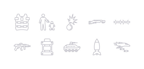 simple gray 10 vector icons set such as air force, airplane bomb, armo vehicle, army backpack, automatic gun, barbed, bayonet on rifle. editable vector icon pack