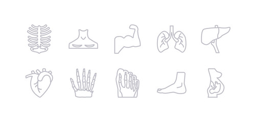 simple gray 10 vector icons set such as human fetus, human foot, human footprints, hand bones, heart, liver, lungs. editable vector icon pack