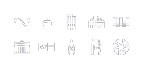 simple gray 10 vector icons set such as beach ball, beach shower, big ben, boarding pass, brandenburg, brickwall, bridge. editable vector icon pack