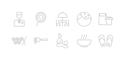 simple gray 10 vector icons set such as slippers, soup, spa, spaghetti, sushi, take away, takoyaki. editable vector icon pack
