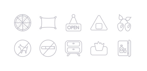 simple gray 10 vector icons set such as minibar, napkins, nightstand, no pets, no smoking, olives, onigiri. editable vector icon pack