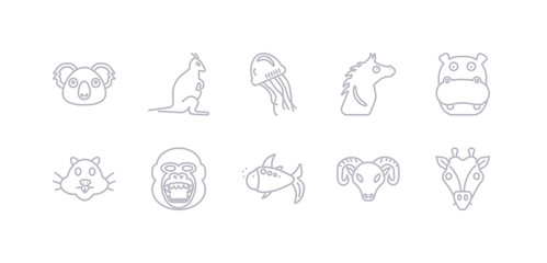 simple gray 10 vector icons set such as giraffe, goat, goldfish, gorilla, hamster, hippopotamus, horse. editable vector icon pack