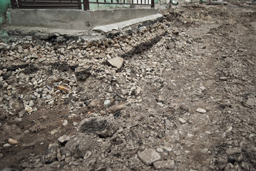 The street of the city is torn down. Construction and laying of pipelines and sewerage. Chernivtsi, Ukraine, Europe, March 2019.