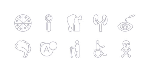simple gray 10 vector icons set such as poisonous, non ionizing radiation, walking stick, vitamin, neurology, optometrist, urology. editable vector icon pack