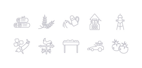 Fototapeta na wymiar simple gray 10 vector icons set such as tomato, tractor, trough, vane, vegetable, water tower, water well. editable vector icon pack
