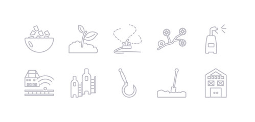 Fototapeta premium simple gray 10 vector icons set such as shed, shovel, sickle, silo, smart farm, sprayer, spring flower. editable vector icon pack