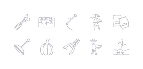 simple gray 10 vector icons set such as plant sprout, pruners, pruning shears, pumpkin, rake, sack, scarecrow. editable vector icon pack