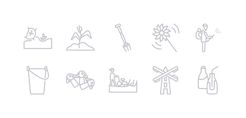 simple gray 10 vector icons set such as milk bottle, mill, mower, mushroom, pail, pesticide, pinwheel. editable vector icon pack