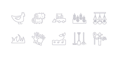 Fototapeta na wymiar simple gray 10 vector icons set such as gardener, gardening tools, germination, gloves, grass, hanging pot, harvest. editable vector icon pack