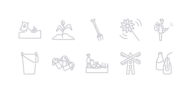 simple gray 10 vector icons set such as milk bottle, mill, mower, mushroom, pail, pesticide, pinwheel. editable vector icon pack