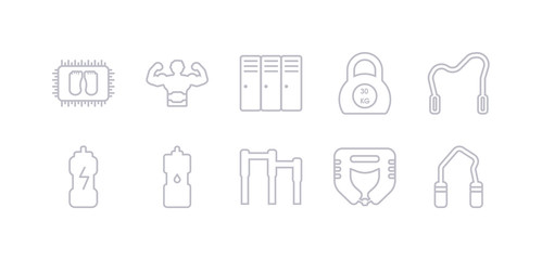 simple gray 10 vector icons set such as hand grip, headgear, horizontal bar, hydratation, isotonic, jumping rope, kettlebells. editable vector icon pack