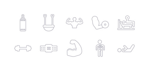 simple gray 10 vector icons set such as abs, anatomy, arm, athletic strap, barbell, bench press, biceps. editable vector icon pack