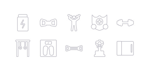 simple gray 10 vector icons set such as yoga mat, boxing mannequin, chest expander, diet, gymnastic rings, dumbbell, elevation mask. editable vector icon pack