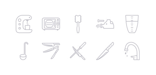 simple gray 10 vector icons set such as kitchen tap, knife, knife sharpener, knives, ladle, measuring cup, meat grinder. editable vector icon pack