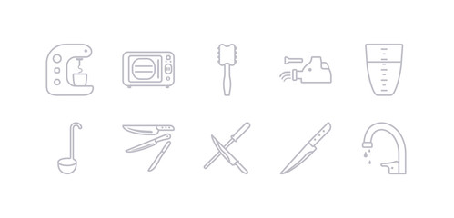 Obraz premium simple gray 10 vector icons set such as kitchen tap, knife, knife sharpener, knives, ladle, measuring cup, meat grinder. editable vector icon pack