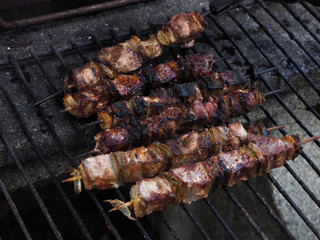 traditional charcoal barbecue beef skewers sausages