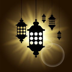 arabic lantern vector black shadow silhouette with sun rays burst. ramadan kareem symbol for islamic festival.