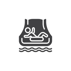 Man sliding with float ring at water park pool vector icon. filled flat sign for mobile concept and web design. Slide at aqua park glyph icon. Symbol, logo illustration. Pixel perfect vector graphics