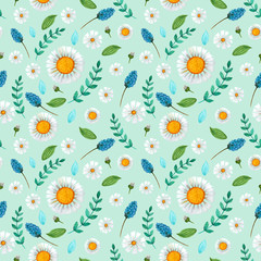 Summer, spring, easter, birthday, wedding seamless green pattern with flowers (chamomile) and leaves. Hand drawn watercolor and colored pencils illustration.