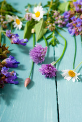 herbal flowers on blue wooden table background