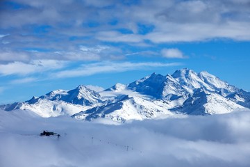 Fototapeta na wymiar Swiss Alps scenery. Winter mountains. Beautiful nature scenery in winter. Mountain covered by snow, glacier. Panoramatic view, Switzerland, holiday destination for sports and hiking, wallpaper