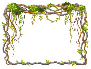 Liana branches and tropical leaves. Cartoon frame plants of jungle with space for text. Isolated vector illustration on white background.
