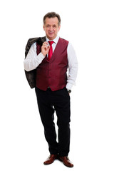 Full body Portrait of happy and successful senior business man 60 years old, dressed in suit and red vest, isolated on white background. Human emotions and facial expressions