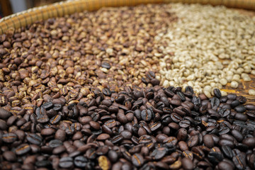 Raw and roasted three colour coffee bean in basket.