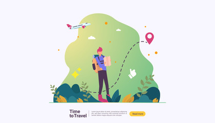 backpacker travel adventure concept. outdoor vacation recreation in nature theme of hiking, climbing and trekking with people character. template for landing page, banner, poster, ad or print media © Surf Ink