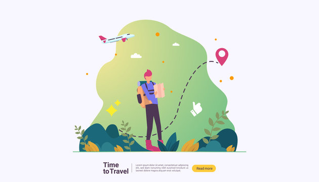backpacker travel adventure concept. outdoor vacation recreation in nature theme of hiking, climbing and trekking with people character. template for landing page, banner, poster, ad or print media