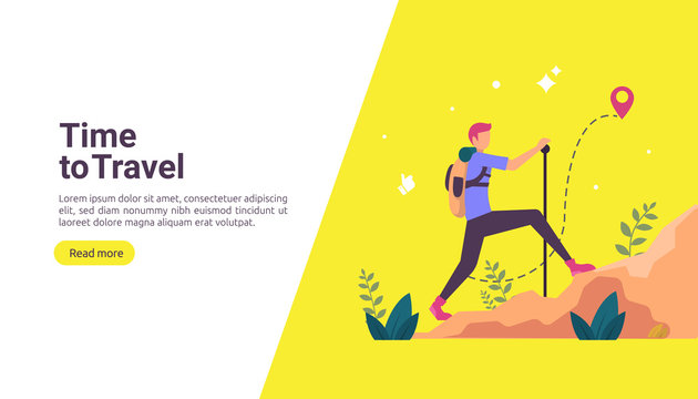 backpacker travel adventure concept. outdoor vacation recreation in nature theme of hiking, climbing and trekking with people character. template for landing page, banner, poster, ad or print media