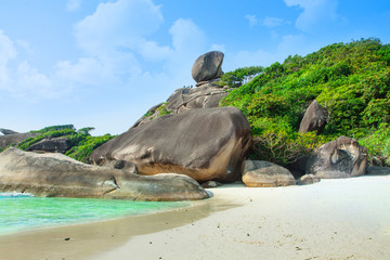 White sand beach, paradise lagoon. Island in the ocean. Thailand. Andaman Sea. Seascape with azure...