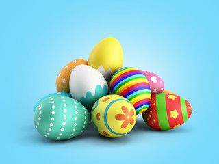 Perfect colorful handmade easter eggs 3d render on a blue gradient