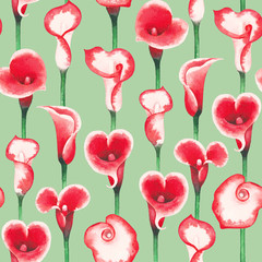 Watercolor pattern of Calla Lily flowers in red colors