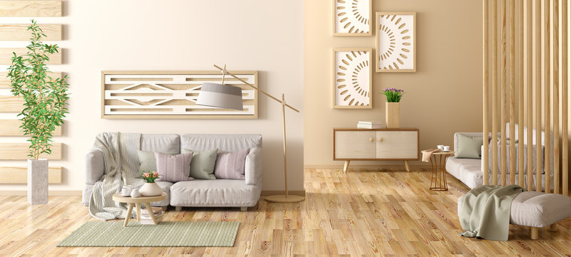 Interior design of modern living room with gray sofa, wooden paneling, 3d rendering