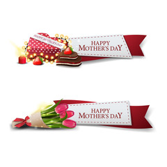 Fototapeta premium Clickable mother's day banner for website in the form of ribbons with gift in the shape of a heart and bouquet of tulips