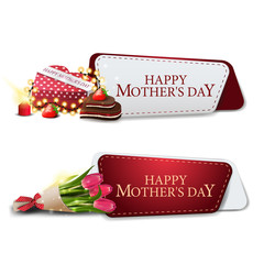 Clickable mother's day greetings banner for website with gift in the shape of a heart and bouquet of tulips