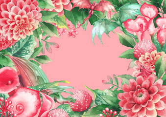 Tiny watercolor dragons hidden in the garden of dalias and calla lily flowers.