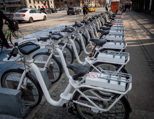 Bicycles for rent parked in central Copenhagen, Denmark