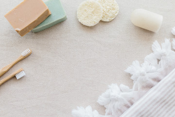 sustainable lifestyle concept. Plastic free beauty essentials. reuse, reduce, eco friendly home
