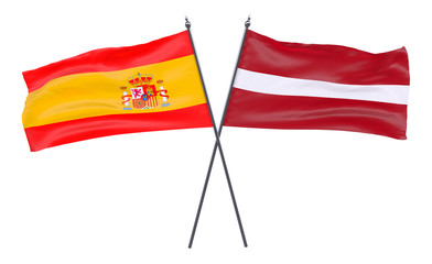 Spain and Latvia, two crossed flags isolated on white background. 3d image