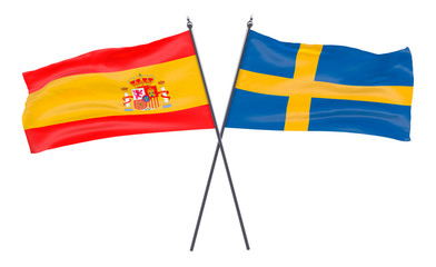 Spain and Sweden, two crossed flags isolated on white background. 3d image