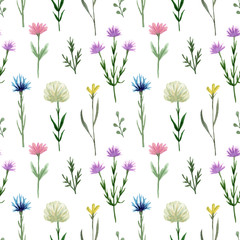 Seamless pattern watercolor wildflowers isolated on white background. Hand drawn painted flowers illustration. Summer disign