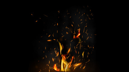 Fototapeta na wymiar Fire flying sparks on a black background